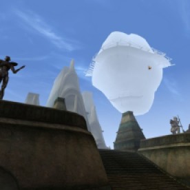 Vivec's statues demonstrate his duality as a meteor looms. (Image credit to Bethesda Softworks, retrieved from GOG.com's official Morrowind page)